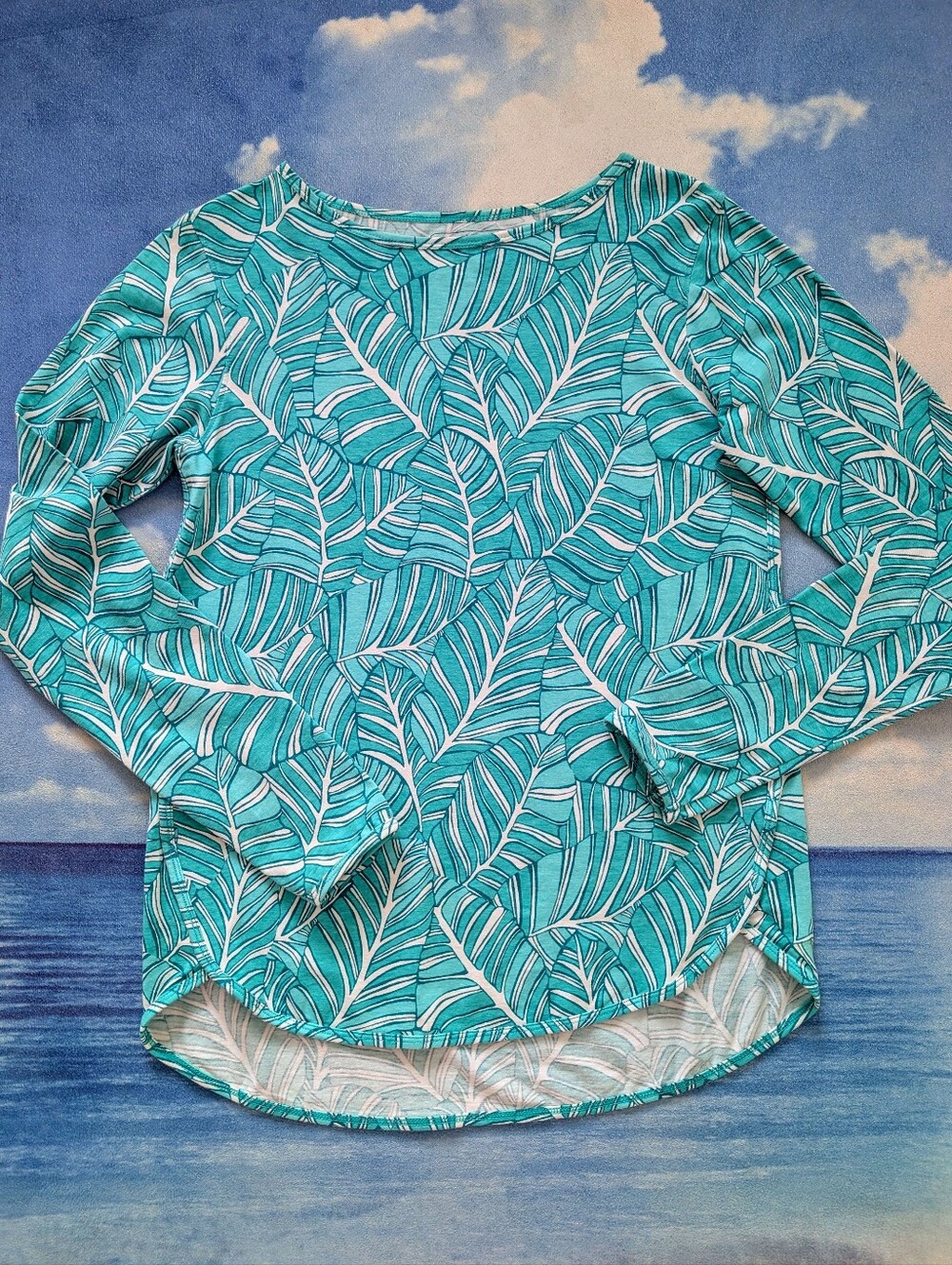 Like New Coolibar Teal Leaf-Print Long Sleeve Sun Shirt UPF 50+